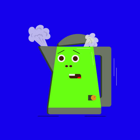 Electric Kettle, green on a blue Background. Home Appliances Vector Drawings. Boiling water in kettle, kettle with eyes. Household appliance, vector illustration.のイラスト素材