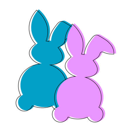 Set of Bunny blu and pink faces color collection isolated on white background. Easter bunny icons. Vector flat illustration. Design for coloring book, greeting card, print.のイラスト素材