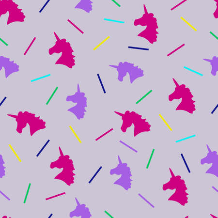 Background with unicorns and chopsticks.Pattern purple decoration for bed clothes banners.Print on fabric.Vector, illustration.のイラスト素材