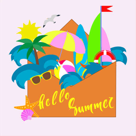 Summer set. Greetings summer greeting card. Summer items set with flower ball bright umbrella brown...