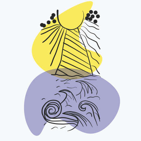 Sea and sun.Doodle style drawing The sun rises in front of the shtom the sea is worried.Black and white vector illustration, With a multicolored background with spots of yellow and blue color.Advertisのイラスト素材