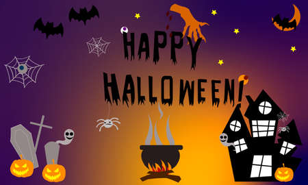 Happy Halloween banner or party invitation background with clouds, bats in flat style ghost and ghostly hands, grave on full moon. Vector illustration. Full moon in the sky, spider webs and stars.の写真素材