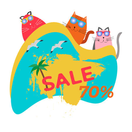 Summer sale banner, hot season discount poster with palm tree, seagulls, cats in glasses and sunglasses. Shopping invitation with a 70% discount. special offer card, template for design.のイラスト素材
