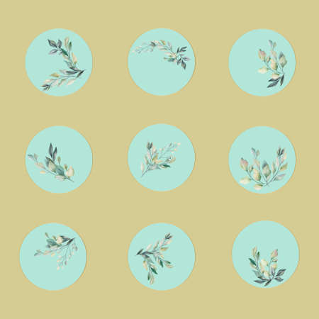social media highlights cover icons. Summer icons.Flowers watercolor.Green shades. Circuit. Vectorのイラスト素材