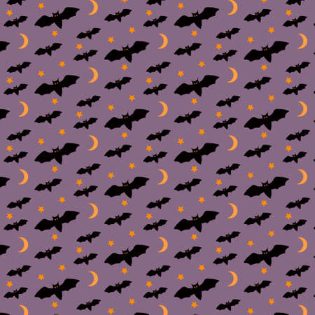 Seamless pattern with bats moon and stars.Violet background black mice, yellow moon and stars.Holiday Halloween. Use banner, postcard, invitation, scrapbooking, packaging. Vector illustration.のイラスト素材