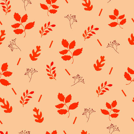Seamless pattern with rowan branches and autumn leaves in red-pink colors. Perfect for wallpaper, gift paper, pattern fill, web page background, autumn greeting cards.illustrator, vectorのイラスト素材