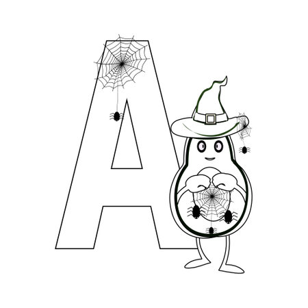 Coloring alphabet alphabet for kids letter AAlphabet, letter A. In the style of halloween and cartoon. Word on A Avacado with cobweb, spider. Learn the alphabet, English. Textbooks, school, banner, poのイラスト素材