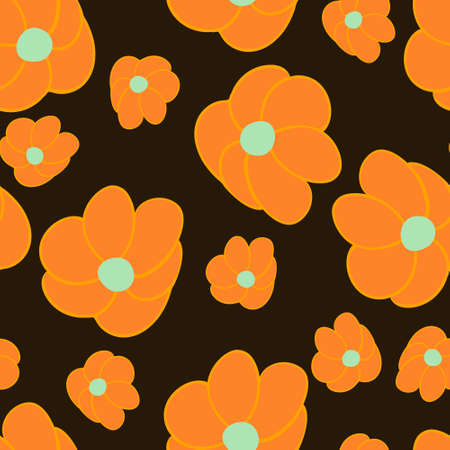Patern with orange flowers large and small on black background.Abstract flowers big and small.Application in textiles, design, scrapbooking, backgrounds, covers, wallpapers.Illustrator, vector.のイラスト素材