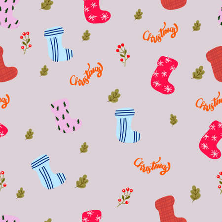 New Year's pattern, with socks for gifts in a box with Christmas trees and snowflakes. The inscription Christmas and elements of decorations leaves and berries of viburnum red. For textiles, backgrounの写真素材