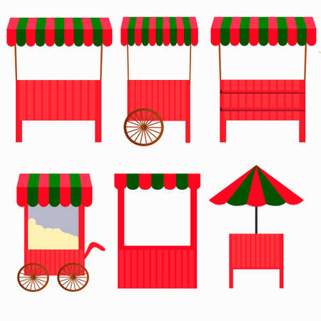 Set for the fair. Street market counters and kiosks, trays. Mobile counterisolated.Under a roof and an umbrella. Fixed and movable counters.Cartoon style, fairs, advertising, banners, internet sites.のイラスト素材