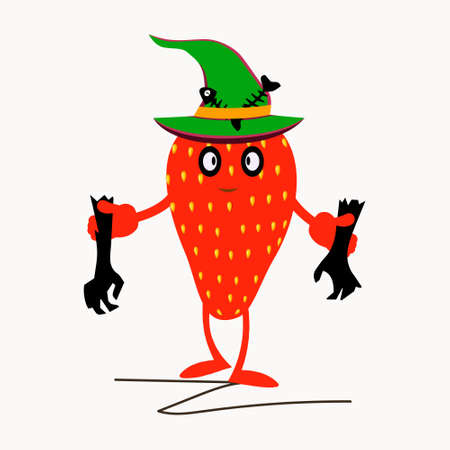 Strawberry red for Halloween.With skeleton hands and fish bones.Cartoon style.Isolation for poster, advertising and holiday Halloween.Textile, label, sticker.Illustrator, vectorのイラスト素材