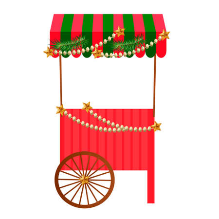 Street market stall and stalls, stall for Christmas fair. Mobile anti-insulated. Under the roof with Christmas decorations. Fixed and mobile counters. Cartoon style, fairs, advertisements, banners, inの写真素材