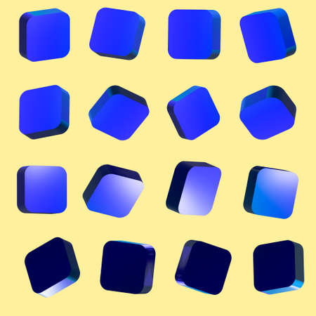 Set 3D of button blue and light blue cubes, squares, isolated. 3d buttons, for sites, internet, pages. Different light, perspective and angle. Vector illustration. Isolated on gray background.の写真素材