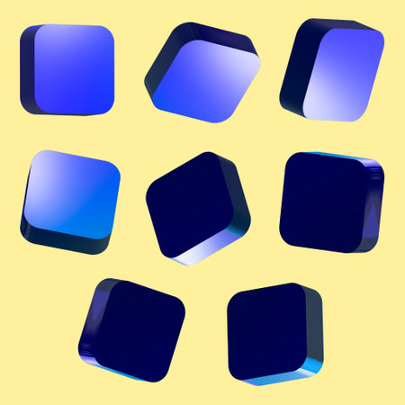 Set 3D of button blue and light blue cubes, squares, isolated. 3d buttons, for sites, internet, pages. Different light, perspective and angle.  illustration. Isolated on gray background.の写真素材