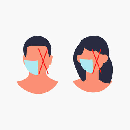 Set of faces in medical masks. Woman and man. Fight against virus. No mask entry is prohibited. Advertising, banner, training. Illustrator, vector.のイラスト素材