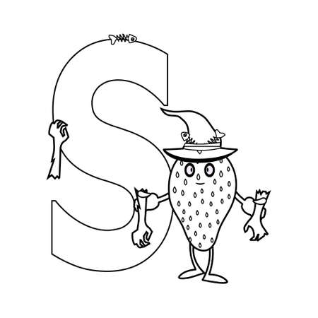 Letter S in the English alphabet.Coloring alphabet, line and doodle style.Strawberry in the style of the holiday Halloween.Strawberry eating ice cream,Learning Alphabet Lettering Learning Children Illのイラスト素材