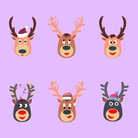 Deer Set Christmas.Christmas hats with different antlers.Isolated pastel colors.Illustration, vector.のイラスト素材