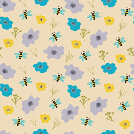 Pattern with flowers leaves and a bee.Yaktsie flowers on a pastel background.Contour of leaves and a yellow bee.Children's textiles, scrapbooking, banners, notepad, advertising.Illustrator, vector.のイラスト素材