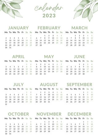 2023 calendar year vector illustration. The week starts on Monday. Yearly calendar template 2023. Calendar design in green and black colors, holidays in green colors.のイラスト素材