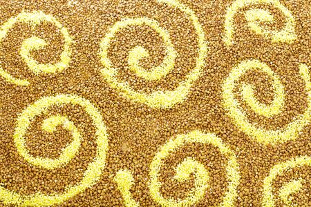 Buckwheat and millet cereals. Background. View from above.の写真素材