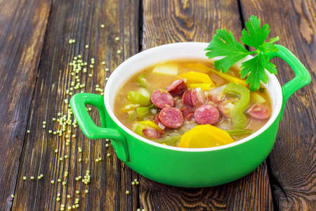 Kulesh. Soup. Wooden background.の写真素材