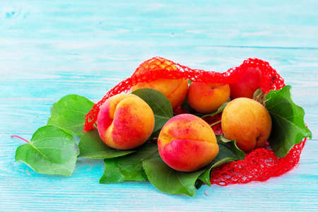 Summer. Fresh apricots. Blue background.の写真素材