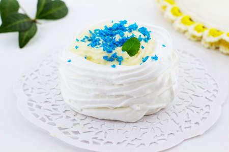 Meringue dessert. White background.の写真素材