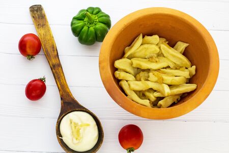 The dumplings are homemade in a bowl. White background. View from above.の写真素材