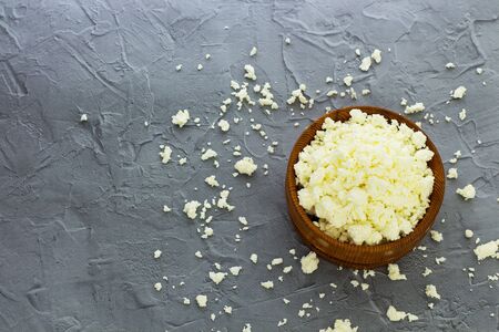 Cottage cheese. Gray background. View from above.の写真素材