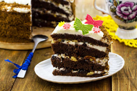 Chocolate cake. Wooden background.の写真素材