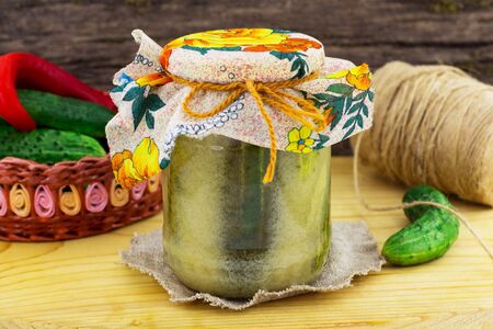 Pickles. Wooden background.の写真素材