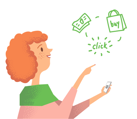 Woman buys using app on smartphone. Virtual shopping. Technology of future. Vector flat illustration of girl who chooses clothes and makes purchases through qr code.Woman in shop.のイラスト素材