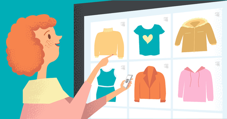 Woman buys using app on smartphone. Virtual shopping. Technology of future. Vector flat illustration of girl who chooses clothes and makes purchases through qr code.Woman in shop.のイラスト素材