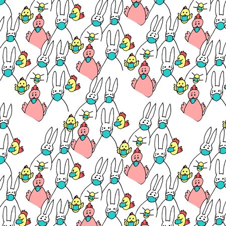 Endless pattern with hares, chickens and eggs in protective masks against coronavirus.のイラスト素材