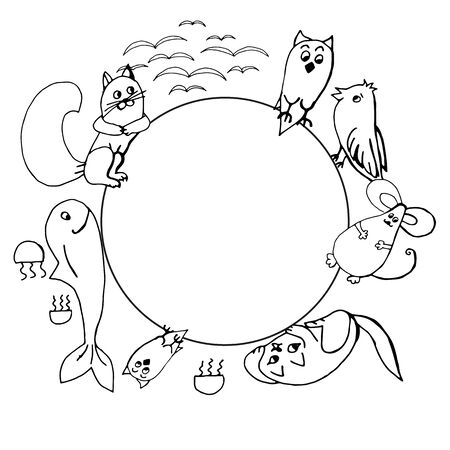Postcard from doodles of animals, birds and fish mouse cat owlのイラスト素材