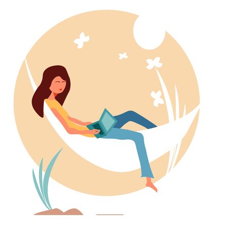 Young woman working on a laptop lying in a hammock. Freelancer, Summer camping.のイラスト素材