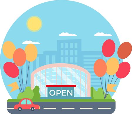 Exterior of the shopping center building. Balls, the inscription is open. Discovery after shop pandemic.のイラスト素材