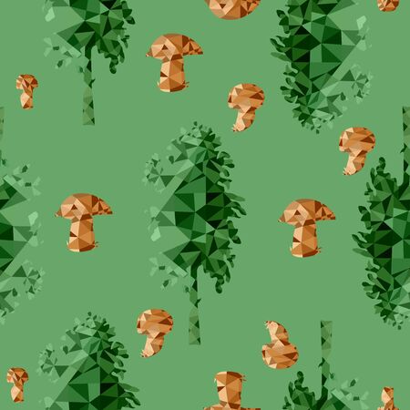 pattern of forest, trees and mushrooms low poly style. Vector illustration