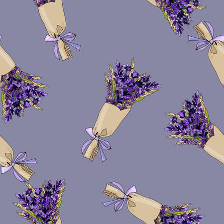 Pattern of bouquets of lavender and wheat on a colored backgroundの写真素材