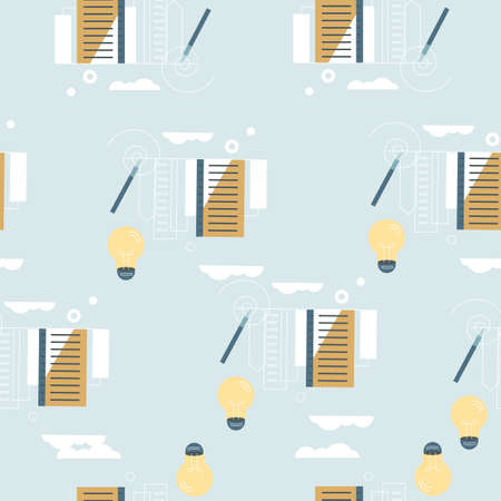 endless pattern of cityscape, light bulbs, pencil on a white backgroundのイラスト素材