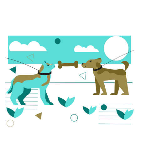 Two dogs on a leash between them bone blue brownsのイラスト素材