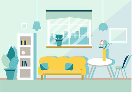 apartment interior from a sofa, table, wardrobe, chair, window shades of yellow and blueのイラスト素材