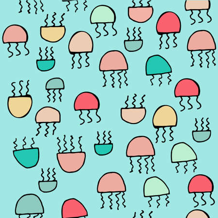 Jellyfish. Seamless pattern of multicolored jellyfish on a blue background