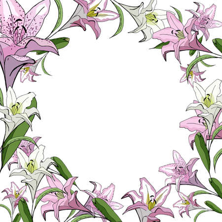 Floral square card with stylized lilies on a white background.のイラスト素材