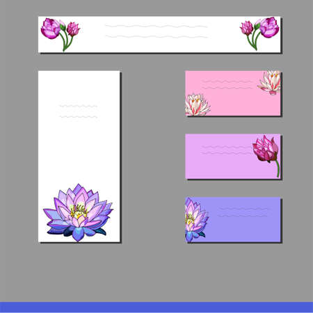 Botanical design of wedding invitation template, lotus on blue, pink, white background.のイラスト素材