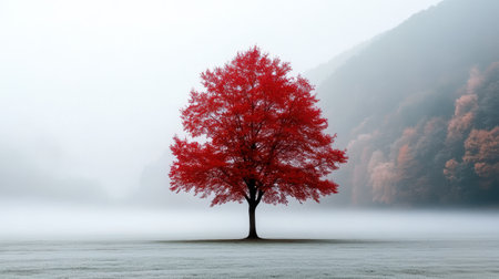 A lonely mahogany tree in a misty field against the background of mountains. A minimalistic and dramatic autumn landscape with a bright maple tree contrasting with a monochrome foggy environment.の素材