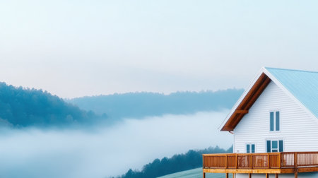 A modern white house with a wooden balcony against the background of mountains and morning fog, creating an atmosphere of comfort and peace.の素材