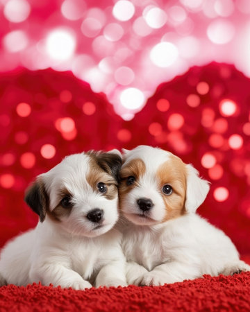 Two cute puppies are lying on a red blanket with bright lights and hearts in the background. The photo conveys a feeling of warmth, tenderness and friendship. Great for themes of love, pets and holidays.の素材
