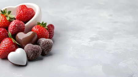 Juicy strawberries with heart-shaped chocolates on a gray background. The composition is exquisite, emphasizing sweetness, celebration and love. Suitable for gastronomy topics, romantic events and holidays.の素材