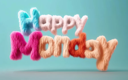 A playful illustration of the words Happy Monday formed from furry and fluffy letters in a pastel color palette. The soft, tactile feel of the design creates an inviting, funstart to the week, perfect for a lighthearted message.の素材